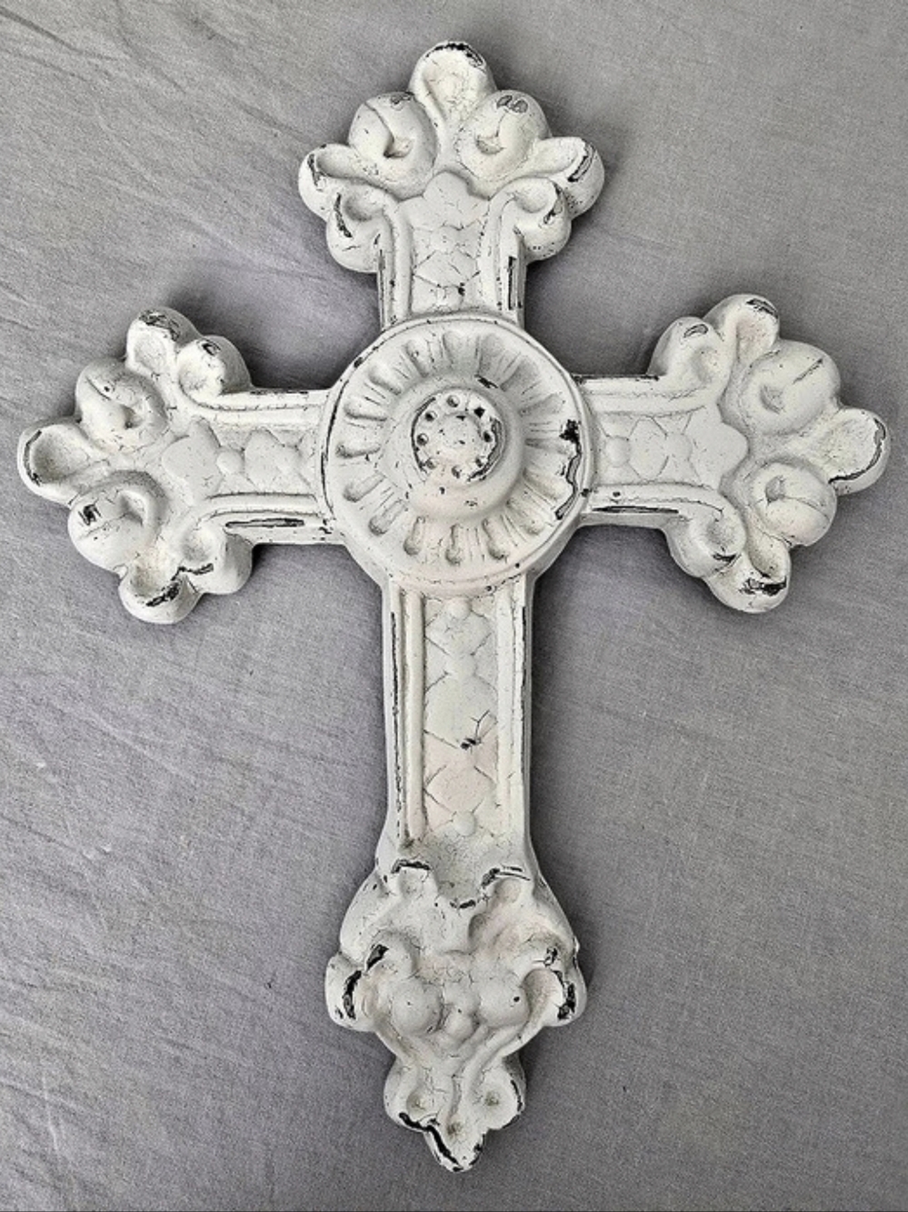 Distressed Cast Plaster Wall Mounted Rosette Cross Hanging 12 inches Gothic